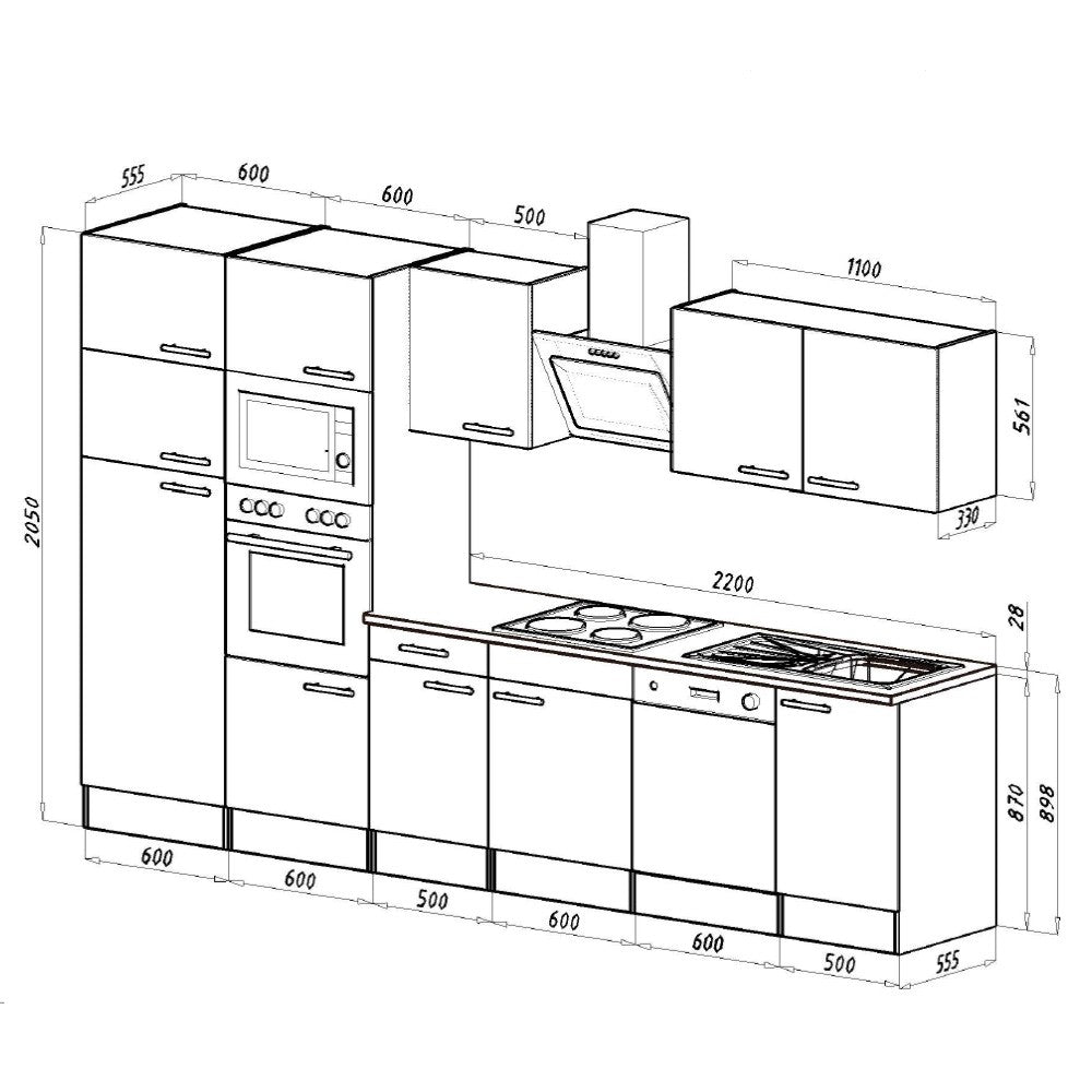 Konyhabútor méretábra 2050 mm magas, 2200 mm munkapulttal - Homelux, L340STAN