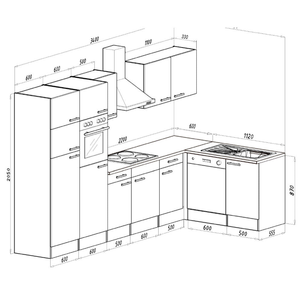 Konyhabútor méretábra 3400 mm teljes szélességgel és 2050 mm magassággal - Homelux, LS340STAN