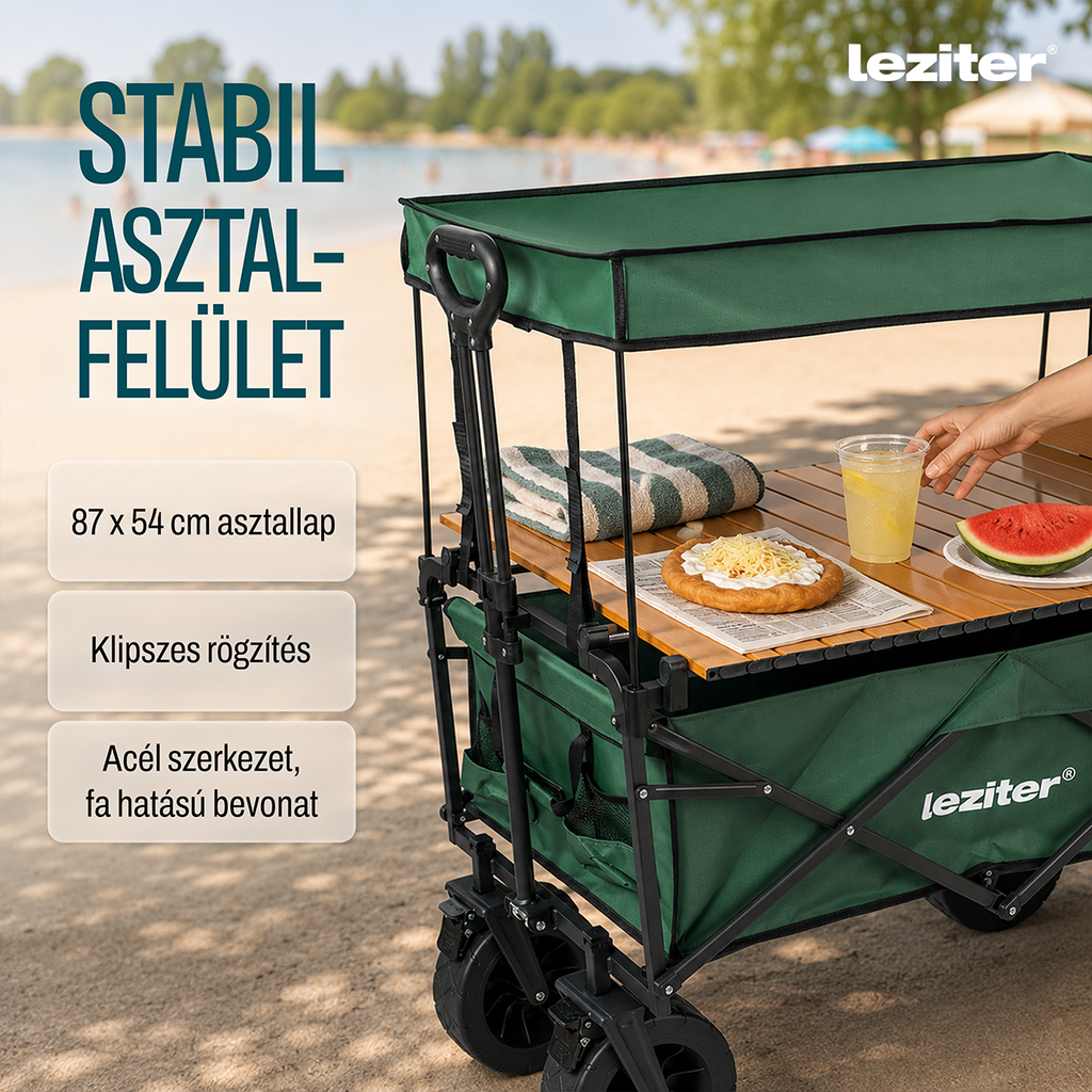 Összecsukható prémium kerti strandkocsi asztallal zöld