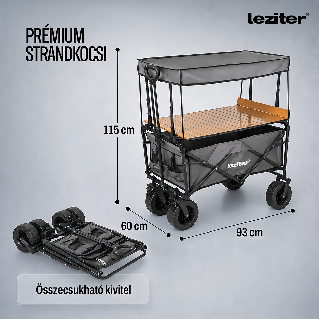 Összecsukható prémium kerti strandkocsi tetővel asztallal szürke
