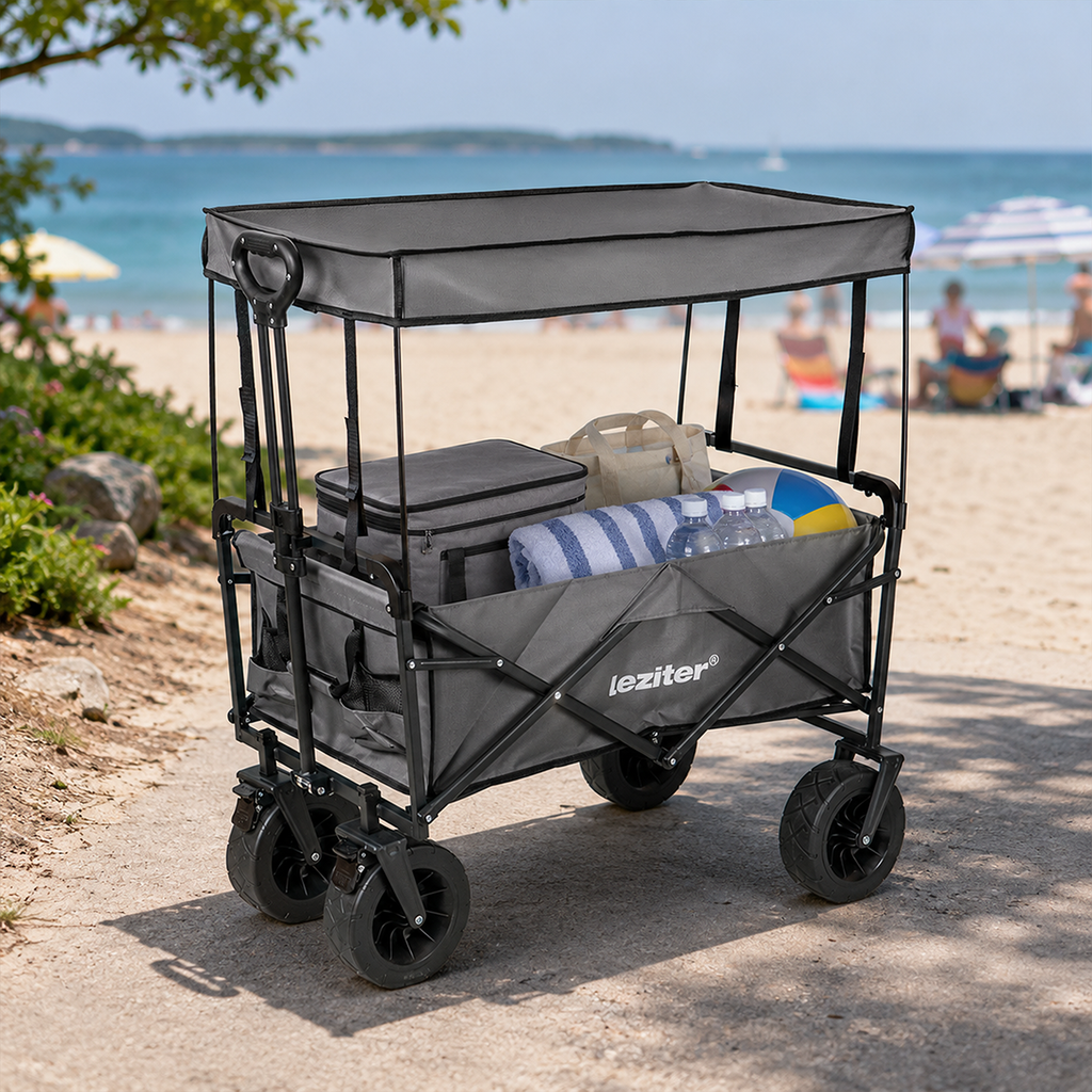 Összecsukható prémium kerti strandkocsi tetővel szürke