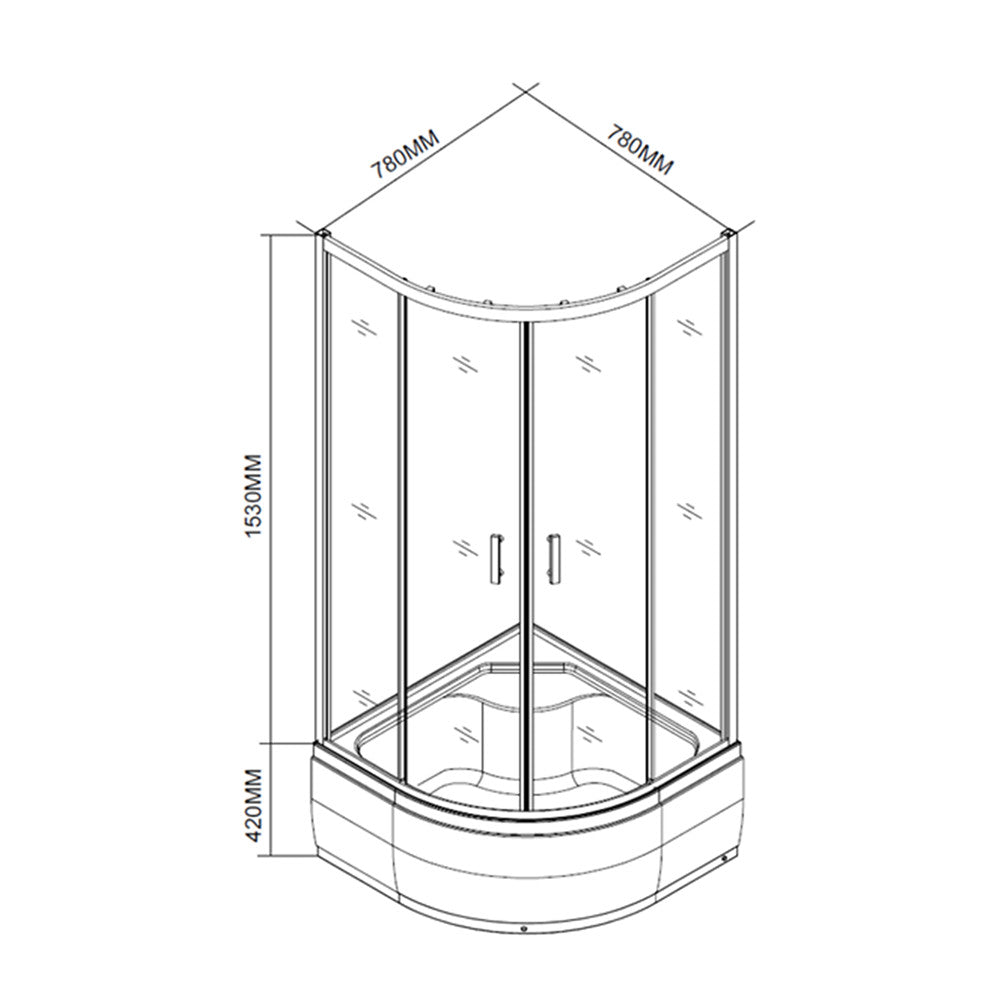 Íves zuhanykabin méretábra 780 × 780 mm, 1530 mm kabinmagasság és 420 mm tálcamagasság - Homelux, SDEEP80
