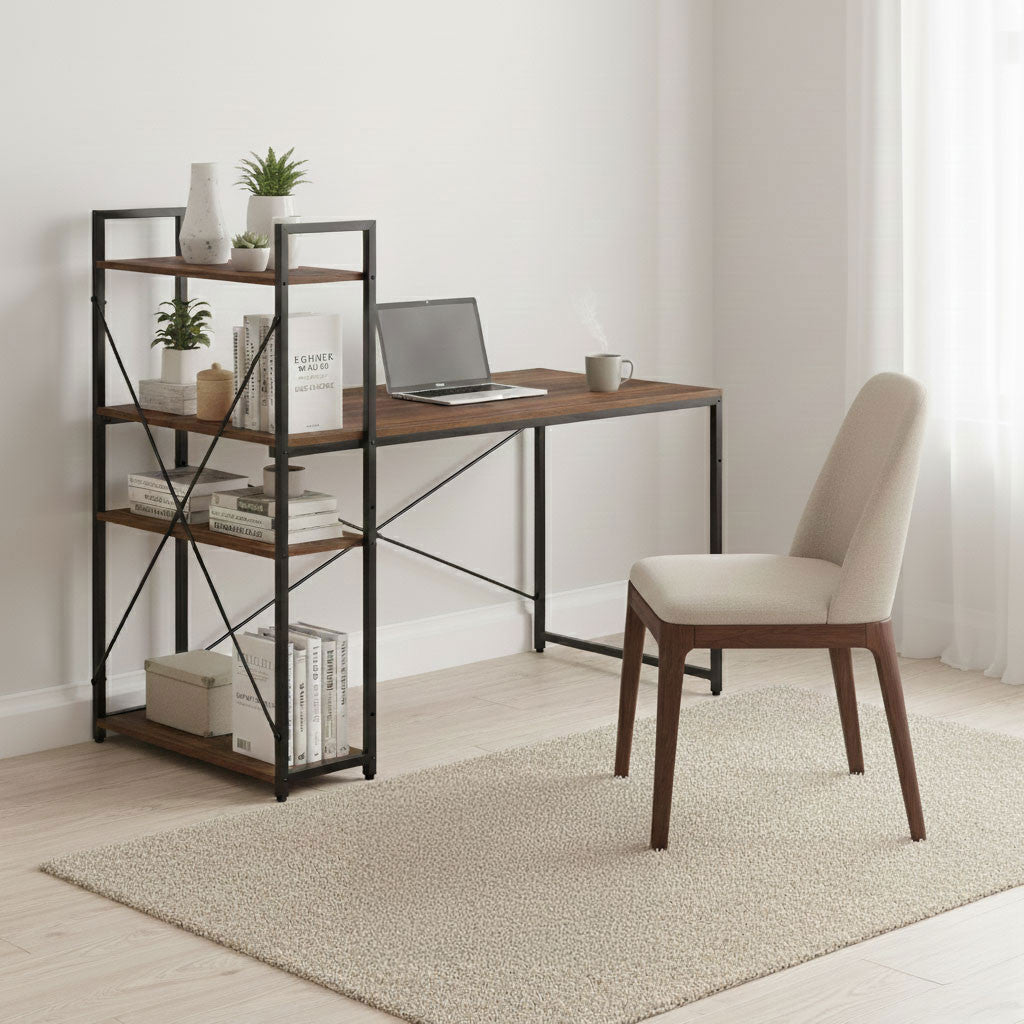 Íróasztal 120x60 cm, 3 polcos, sötét diófa, loft stílus Másodlagos kép